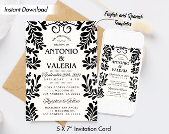 May include: Black and white wedding invitation with a floral design. The invitation includes the names Antonio and Valeria, the date September 28th, 2024, and the time 4 PM. The invitation also includes the location of the ceremony and reception.