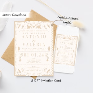 Papel Picado Hochzeitseinladung Einladen, bearbeitbare digital druckbare Sofortvorlage, modernes mexikanisches Thema, Hacienda-Stil-Partydekor Mexiko