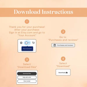 Etsy digital download instructions showing purchases page and how to access Canva template files