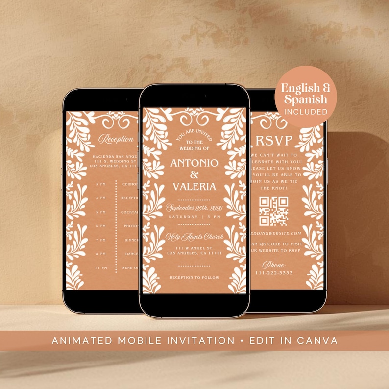 Animated Talavera wedding video invitation displayed on three iPhones with bilingual English and Spanish templates and edit in Canva feature