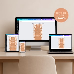 Editable Canva wedding invitation template displayed across desktop laptop tablet and mobile devices showing compatibility