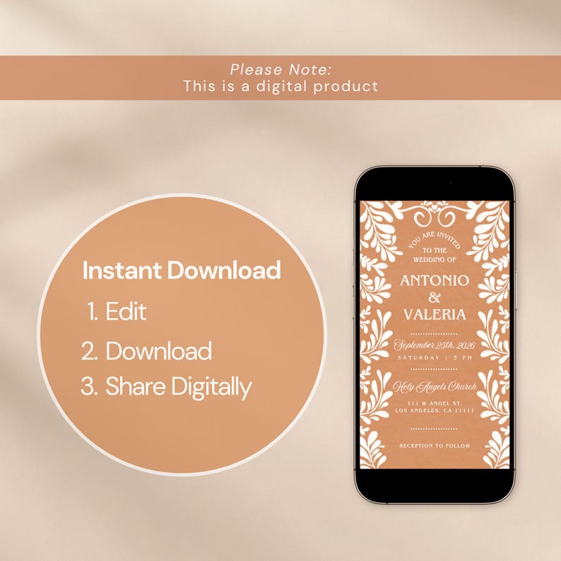 Digital wedding invitation template shown on iPhone with instant download steps edit download and share digitally