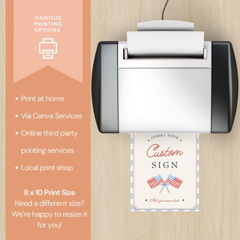 Printing options for 8x10 custom sign template including home printing Canva Print and local print shop services