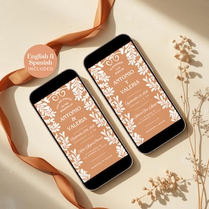Side by side iPhone mockup showing bilingual wedding invitation in English and Spanish slide one invitation message