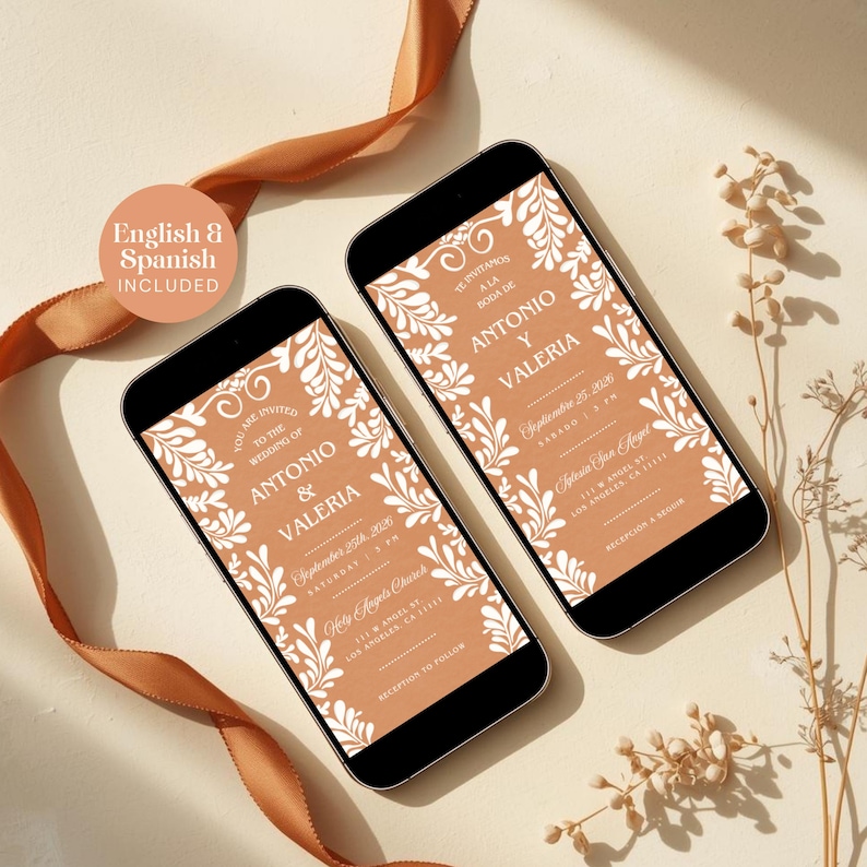 Side by side iPhone mockup showing bilingual wedding invitation in English and Spanish slide one invitation message