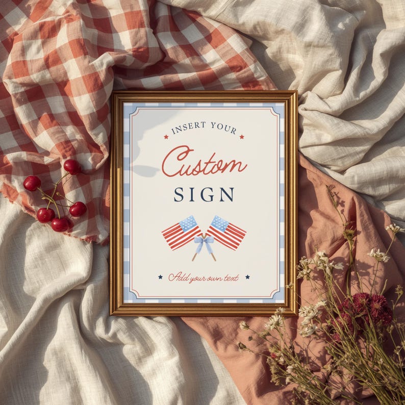 Framed 8x10 editable party sign displayed on vintage gingham picnic blanket with Americana inspired summer event styling
