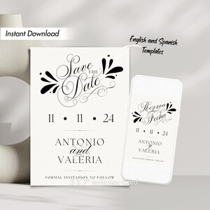 Hochzeit Save the Date Einladung Minimalist einladen, bearbeitbare digital druckbare Sofortvorlage, moderne Kalligraphie in Schwarz und Weiß elegant