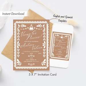 May include: A 5x7 inch invitation card with a brown background and white paper cut-out design. The text reads "Vivan los Novios!" and "Join us to celebrate Antoni + Valeria. Couple's Shower. May 25th, 2024. 6 PM. 222 S. Bridal St. Los Angeles, CA 11111."