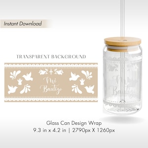 Mi Bautizo Papel Picado Bautismo Diseño Digital para Vaso Libbey de Vidrio Cristal 16 oz, UV DTF PNG, Fiesta Tema Cielito Lindo Hacienda
