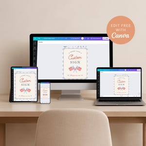 Desktop computer editing customizable sign template in Canva with editable text colors fonts wording and layout