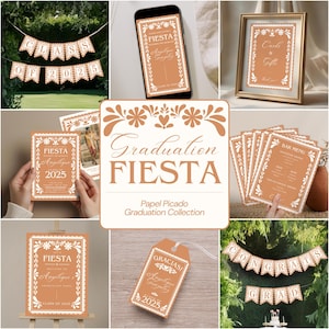 Decoración Papel Picado Fiesta de Graduación, Plantilla de Descarga Imprimible Editable con Tema Mexicano 2025, Colección Barro de Graduados