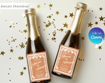 Wedding Bottle Papel Picado Label Template, Custom Printable Decor Stickers, Fiesta Hacienda Mexico Theme, Champagne Party Favor Gift Tags