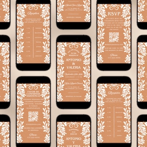 Multiple iPhones displaying animated wedding invitation slides including invitation details timeline and RSVP screen