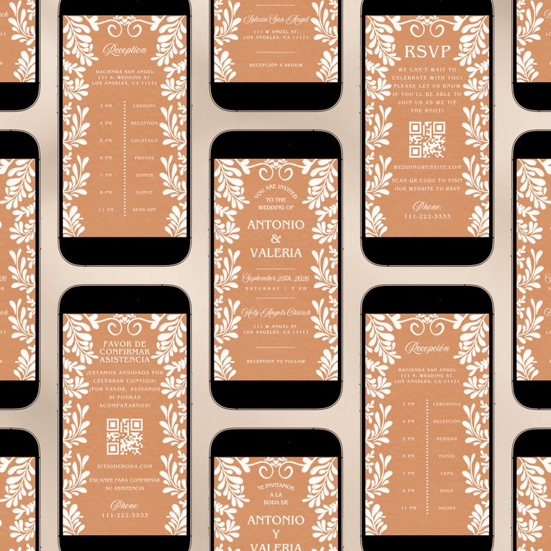 Multiple iPhones displaying animated wedding invitation slides including invitation details timeline and RSVP screen