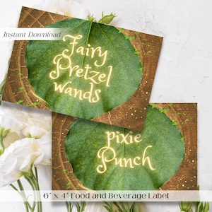May include: Two printable food and beverage labels with a green leaf design and gold glitter accents. The text on the labels reads "Fairy Pretzel Wands" and "Pixie Punch".