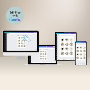 May include: A screenshot of the Canva website showing a design for printable jar labels. The labels are in a vintage style with black text on a cream background. The text on the labels reads "Talking Bourbon" and "Talk of the Town".