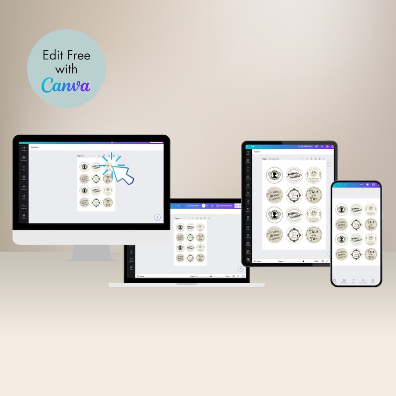 May include: A screenshot of the Canva website showing a design for printable jar labels. The labels are in a vintage style with black text on a cream background. The text on the labels reads "Talking Bourbon" and "Talk of the Town".