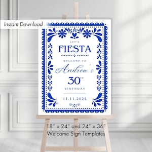 Papel Picado Cartel de Bienvenida Fiesta de Cumpleaños, Plantilla Imprimible Digital Editable de Póster, Tema Fiesta Mexicana Talavera Azul