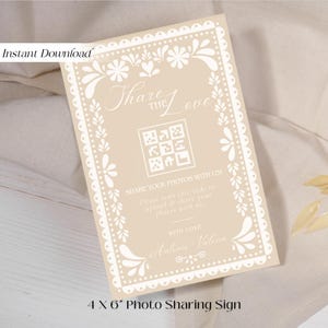 Compartir Fotos Cartel con Código QR para Boda Tema Papel Picado, Plantilla Personalizada Imprimible Editable, Decoración de Fiesta Mexicana
