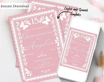 May include: Pink Quinceanera invitation card with a white floral design and the text "Join us to celebrate the Quinceanera of Angelica". The card is 5 x 7 inches.