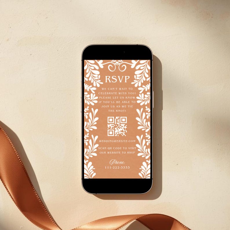Wedding RSVP slide with QR code displayed on iPhone for digital guest response