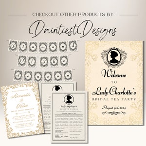 May include: A set of printable wedding stationery featuring a black and white silhouette of a woman in a vintage frame. The text reads "Welcome to Lady Charlotte's Bridal Tea Party August 3rd, 2024".
