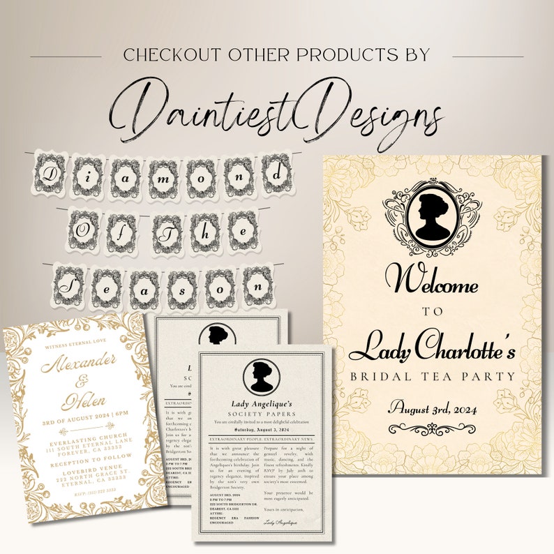 May include: A set of printable wedding stationery featuring a black and white silhouette of a woman in a vintage frame. The text reads "Welcome to Lady Charlotte's Bridal Tea Party August 3rd, 2024".