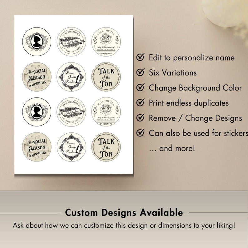May include: Six printable round labels with different designs. The designs feature text and illustrations related to the social season, including "The Social Season is Upon Us", "Dearest Gossip Reader", and "Talk of the Ton".