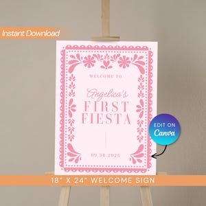 Erster Geburtstag Fiesta Willkommensschild, bearbeitbares benutzerdefinierte Papel Picado, Party Dekor, Mexiko Cielito Lindo Canva Vorlage, Mädchenparty druckbar