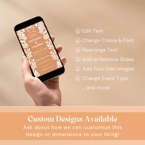 Features of editable Talavera wedding invitation including customizable text colors fonts layout and design elements