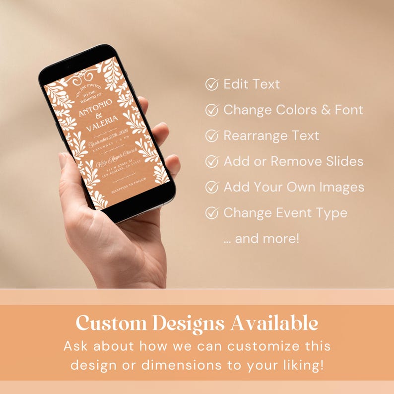 Features of editable Talavera wedding invitation including customizable text colors fonts layout and design elements