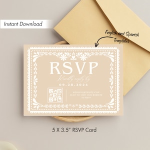Cartão RSVP de casamento Papel Picado, modelo instantâneo para impressão digital editável, tema mexicano moderno, Hacienda Style Fiesta Mexico Talavera