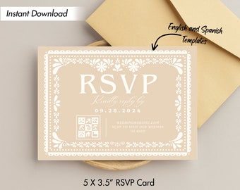 Papel Picado Wedding RSVP Card, Editable Digital Printable Instant Template, Modern Mexican Theme, Hacienda Style Fiesta Mexico Talavera
