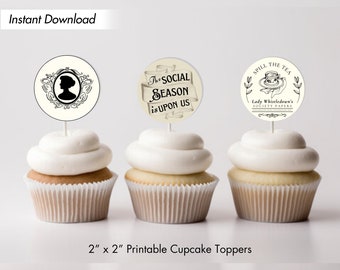 Bridgerton Party Cupcake Topper, Vintage Regency Theme Birthday Decor Printable Template, Bridal Shower Stickers Editable Instant Download