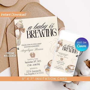 Baby Is Brewing Baby Shower Invitation, Gender Neutral Coffee Theme Party Editable Canva Template Printable Invite, Cafe Bebe Aesthetic 2025