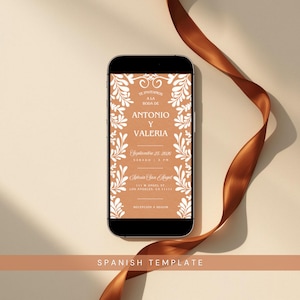 Spanish Talavera wedding video invitation displayed on iPhone mobile mockup