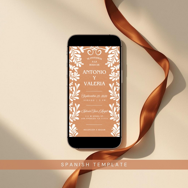 Spanish Talavera wedding video invitation displayed on iPhone mobile mockup