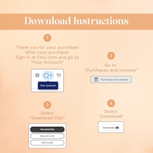 Download instructions showing Etsy purchase page and how to access digital invitation template files