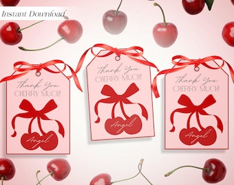 Thank You Cherry Much Party Favor Tags, Cherries Theme Decor, Digital Custom Printable Template, DIY Cherry on Top Tag, Birthday Gift Labels
