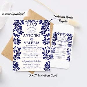 Blue Talavera Wedding Invitation Invite, Editable Digital Printable Instant Template, Blue and White Modern Mexican Theme Mexico Tiles