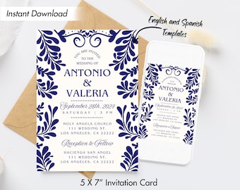 Blue Talavera Wedding Invitation Invite, Editable Digital Printable Instant Template, Blue and White Modern Mexican Theme Mexico Tiles