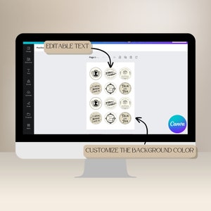May include: A computer screen displaying a Canva design template with 12 round labels. The labels have a vintage design with black and white illustrations and text. The text on the labels reads "The Social Season Upon Us" and "Talk of the Ton". The background of the design is a light beige color. The text "EDITABLE TEXT" and "CUSTOMIZE THE BACKGROUND COLOR" is displayed on the screen.