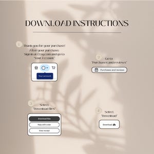 May include: A four-step guide on how to download digital files after purchasing from Etsy. The steps are illustrated with screenshots of the Etsy website. The steps are: 1. Sign in to your Etsy account. 2. Go to Purchases and reviews. 3. Select Download files. 4. Select Download.