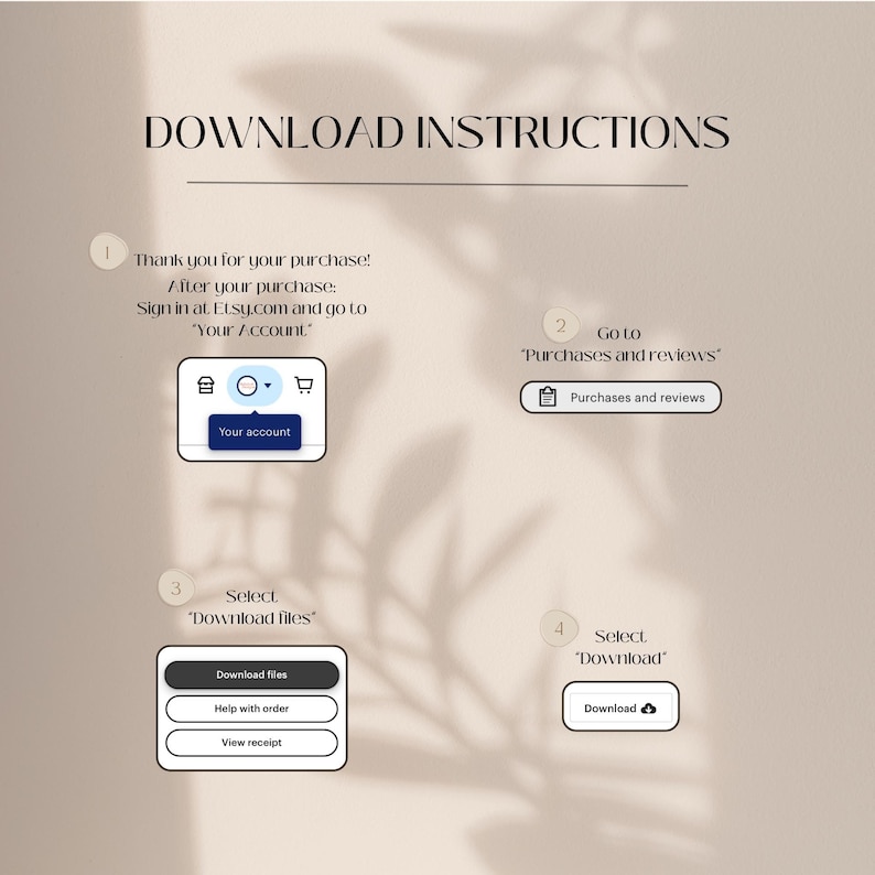 May include: A four-step guide on how to download digital files after purchasing from Etsy. The steps are illustrated with screenshots of the Etsy website. The steps are: 1. Sign in to your Etsy account. 2. Go to Purchases and reviews. 3. Select Download files. 4. Select Download.