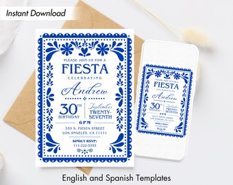 Blue Talavera Birthday Party Invitation Invite, Mexican Fiesta Theme Papel Picado Gender Neutral, Custom Editable Digital Printable Template