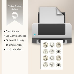 May include: A black and white printer with a sheet of paper coming out of it. The paper has several round labels printed on it with the text "SEASON SOCIAL TALK" and "TON" in Hebrew. The printer is on a light brown background.