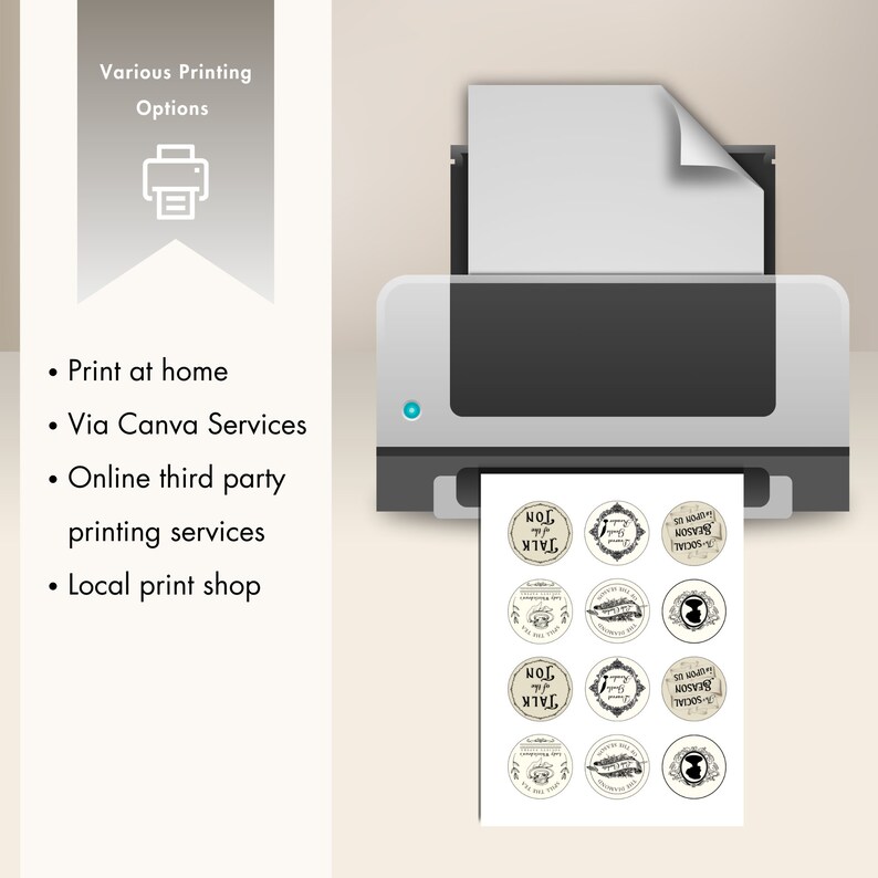 May include: A black and white printer with a sheet of paper coming out of it. The paper has several round labels printed on it with the text "SEASON SOCIAL TALK" and "TON" in Hebrew. The printer is on a light brown background.