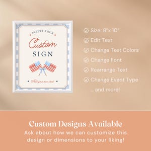 Features list for editable custom sign template including customizable text colors fonts and design options