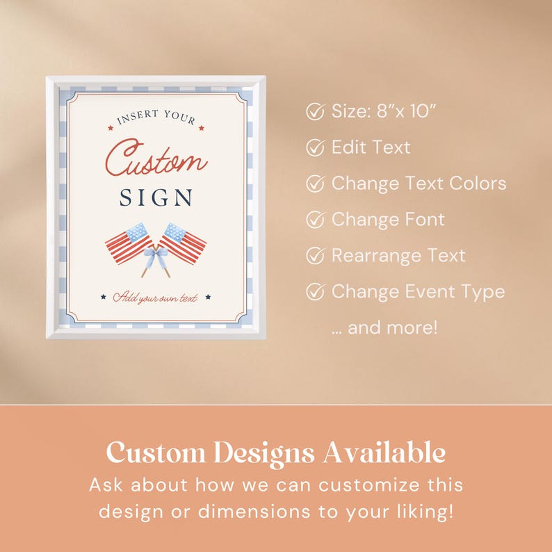 Features list for editable custom sign template including customizable text colors fonts and design options