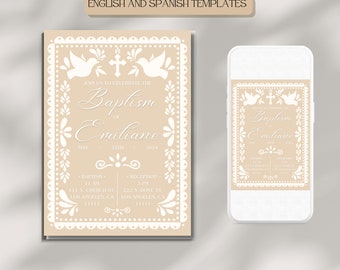 Papel Picado Baptism Party Invitation Invite, Invitacion de Bautizo Fiesta, Custom Editable Digital Printable Template, Gender Neutral Theme